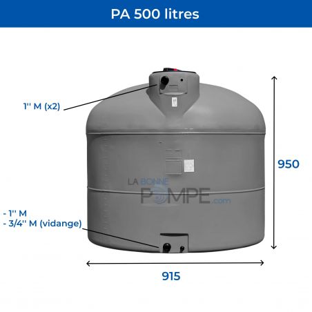 Cuve récupération eau de pluie 500L - Réservoir aérien cylindrique Gris - Polyéthylène - ELBI PA