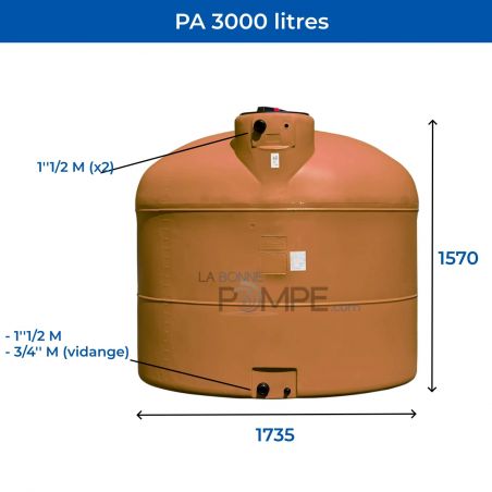 Cuve récupération eau de pluie 3000L - Réservoir aérien cylindrique Terracotta - Polyéthylène - ELBI PA