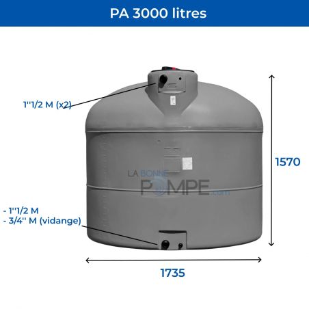 Cuve récupération eau de pluie 3000L - Réservoir aérien cylindrique Gris - Polyéthylène - ELBI PA