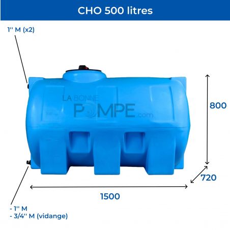 Cuve récupération eau de pluie 500L - Réservoir aérien horizontal bleu - Polyéthylène - ELBI CHO
