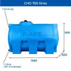 Cuve récupération eau de pluie 750L - Réservoir aérien horizontal bleu - Polyéthylène - ELBI CHO