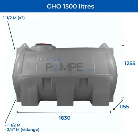 Cuve récupération eau de pluie 1500L - Réservoir aérien horizontal Gris - Polyéthylène - ELBI CHO