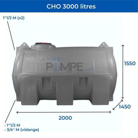 Cuve récupération eau de pluie 3000L - Réservoir aérien horizontal Gris - Polyéthylène - ELBI CHO