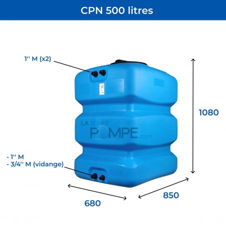 Cuve récupération eau de pluie 500L - Réservoir aérien compact bleu - Polyéthylène - ELBI CPN