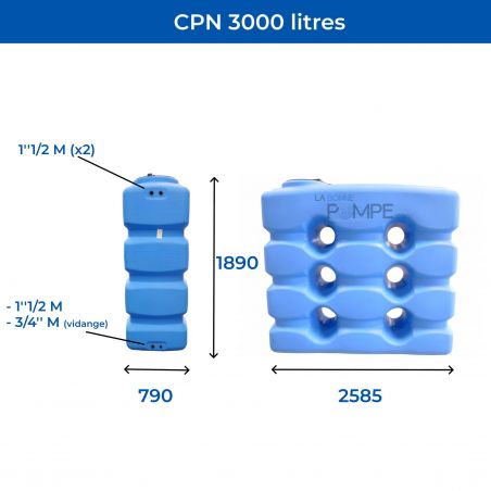 Cuve récupération eau de pluie 3000L - Réservoir aérien compact bleu - Polyéthylène - ELBI CPN