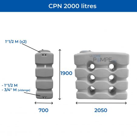 Cuve récupération eau de pluie 2000L - Réservoir aérien compact Gris - Polyéthylène - ELBI CPN