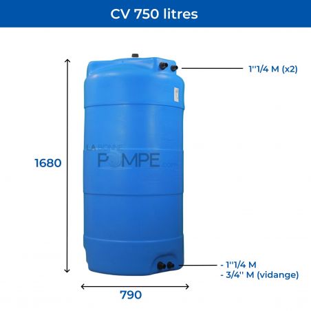 Cuve récupération eau de pluie 750L - Réservoir aérien vertical bleu - Polyéthylène - ELBI CV