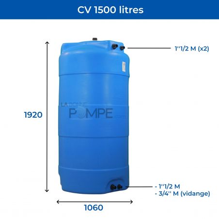 Cuve récupération eau de pluie 1500L - Réservoir aérien vertical bleu - Polyéthylène - ELBI CV