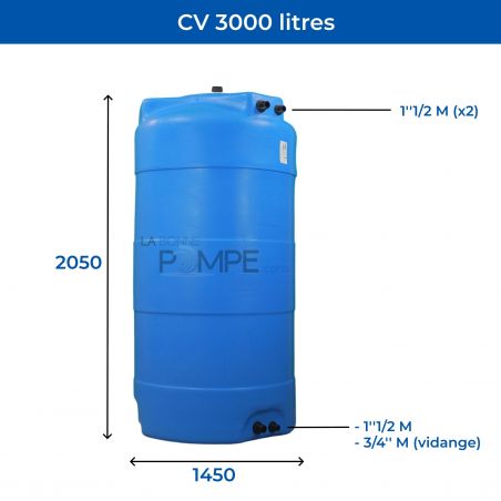 Cuve récupération eau de pluie 3000L - Réservoir aérien vertical bleu - Polyéthylène - ELBI CV