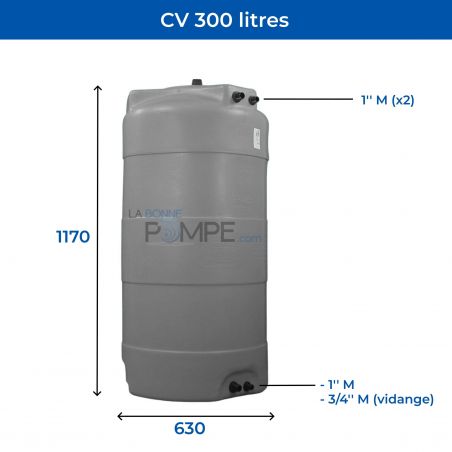 Cuve récupération eau de pluie 300L - Réservoir aérien vertical Gris - Polyéthylène - ELBI CV