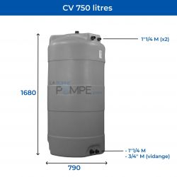 Cuve récupération eau de pluie 750L - Réservoir aérien vertical Gris - Polyéthylène - ELBI CV