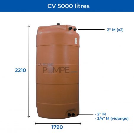 Cuve récupération eau de pluie 5000L - Réservoir aérien vertical Terracotta - Polyéthylène - ELBI CV