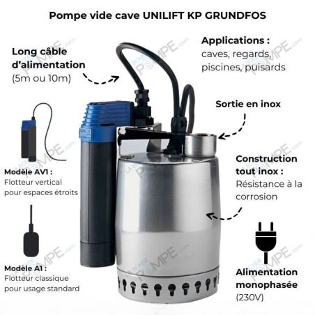 Pompe vide cave Grundfos UNILIFTKP350AV1 0,70 kW avec flotteur vertical - Eau usée jusqu'à 12 m3/h monophasé 220V