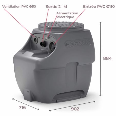 Station de relevage 250L Pedrollo SAR250ECOVXm1050 - Pompe a eau 0,75 kW jusqu'à 30 m3/h monophasé 220V