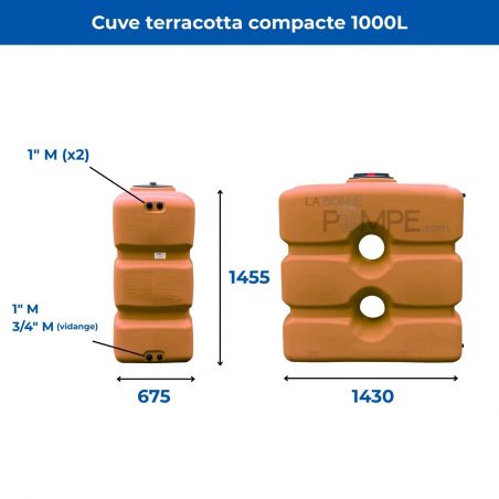 Cuve récupération eau de pluie 1000L - Réservoir aérien compact terracotta - Polyéthylène - ELBI CPN