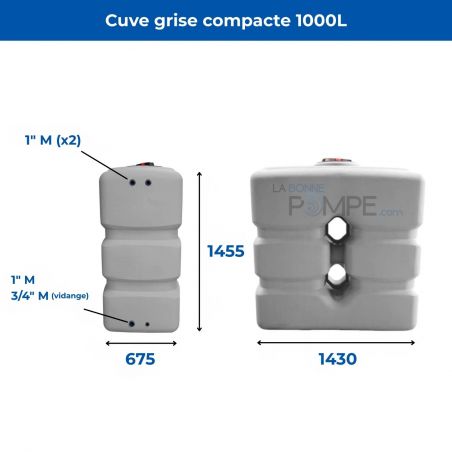 Cuve récupération eau de pluie 1000L - Réservoir aérien compact gris - Polyéthylène - ELBI CPN